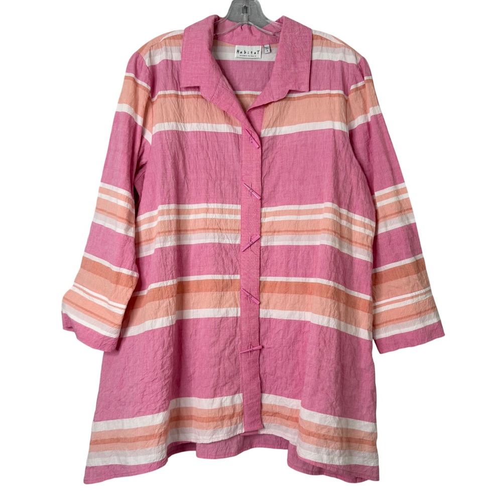 Habitat Button Front Striped Tunic Top Womens M Pink Lagenlook Oversized Artsy